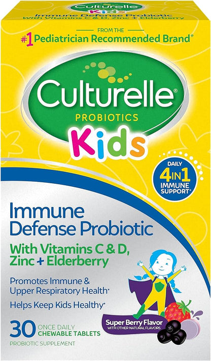 Culturelle Immune Defense Probiotic with Vitamin C, Vitamin D and Zinc + Elderberry, Non-GMO, 4-in-1 Immune Support for Kids Ages 3+*, Mixed Berry Chewables, 30 Count