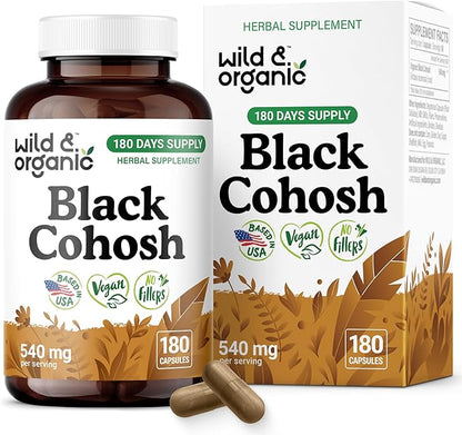 Wild & Organic Black Cohosh Capsules 540 mg - Menopause Supplements for Women - Black Cohosh for Women - Actaea Racemosa Herb - 180 Days of Supply - Vegan, No Fillers, Non-GMO - 180 Count