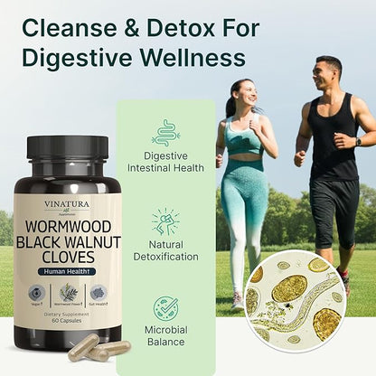 VINATURA Wormwood Black Walnut Clove Capsules - Cleanse, Detox, Intestinal Guard Formula Supplement for Humans, with Wormwood herb, Black Walnut Extract Combination, 60 Capsules