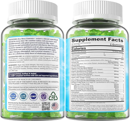 2 Pack Sea Moss Gummies for Men Women, Vegan 15-IN-1 Irish Seamoss Superfood with/Bladderwrack & Burdock Root, Turmeric, Elderberry, Vitamins B12 D3, EPA DHA, Sugar-Free, Support Energy, Brain, Immune