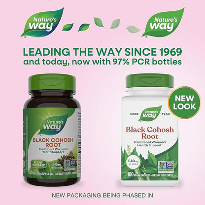 Nature's Way Black Cohosh Root, Traditional Support for Women's Health*, 540 mg per Serving, Non-GMO Project Verified, 100 Capsules (Packaging May Vary)