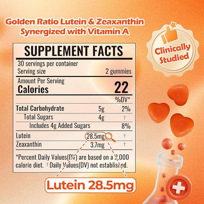 Lutein Gummies (60 Gums). Gummies for Eyes with Lutein (28.5 mg), Zeaxanthin and Vitamin A (30 Day Pack), Orange Flavor, Vegan, Non-GMO, Gluten-Free, Supports Eye Health