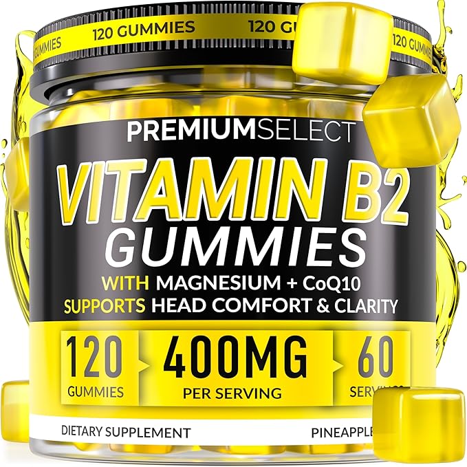 Vitamin B2 Gummies Riboflavin 400mg – 120 Gummies with Magnesium, CoQ10 & Vitamin B2 for Adults – Sugar Free B2 Vitamin 400mg for Energy, Head Comfort & Nervous System Support