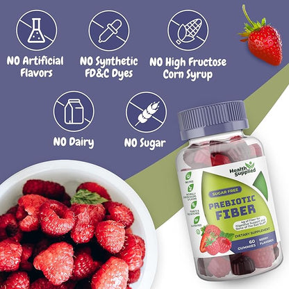 Health Supplied Mixed Berry Flavored Prebiotic Fiber Gummies - Supports Digestive System Gut Cleansing, Constipation Relief - Assists with Weight Loss Plan - Great Tasting and Easy to Swallow