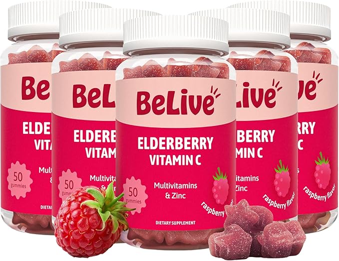BeLive Elderberry Gummies with Vitamin C - Double Strength Elderberries Extract - Zinc, Multivitamins, B-Complex - for Immune Support Vitamins, Raspberry Flavor (250 Ct - 5 Packs)
