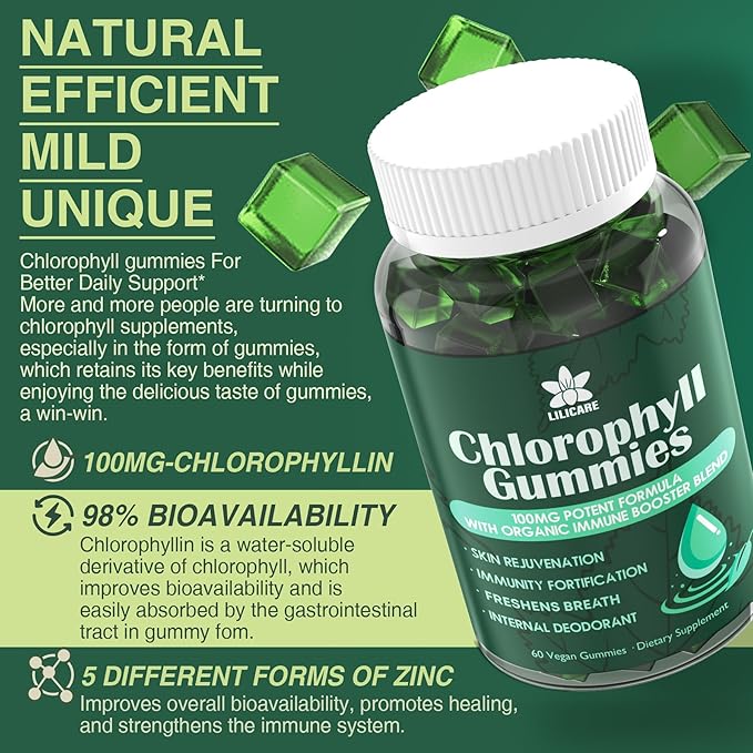 Chlorophyll Gummies - Super Green with Wheat Grass, Sea Moss, Unfiltered ACV & Elderberry, Echinacea, Zinc Complex & Vitamin D3, C, E, B12 for Natural Deodorant, Immune & Digestion Support, Pack of 2