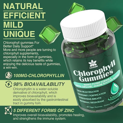 Chlorophyll Gummies - Super Green with Wheat Grass, Sea Moss, Unfiltered ACV & Elderberry, Echinacea, Zinc Complex & Vitamin D3, C, E, B12 for Natural Deodorant, Immune & Digestion Support, Pack of 2