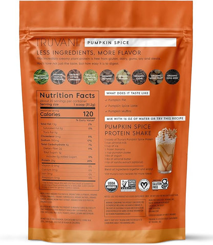Truvani Vegan Pea Protein Powder | Pumpkin Spice | 20g Organic Plant Based Protein | 20 Servings | Keto | Gluten & Dairy Free | Low Carb | No Added Sugar