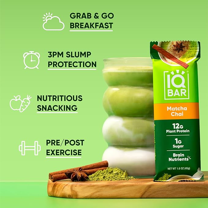 IQBAR Clean Plant Protein Bars - Matcha Chai - 12 Count - Keto, Vegan, High Fiber, Gluten and Dairy Free, Low Sugar Snack - Brain and Body Nutrients for Focus, Energy, Meal Replacement