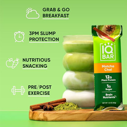 IQBAR Clean Plant Protein Bars - Matcha Chai - 12 Count - Keto, Vegan, High Fiber, Gluten and Dairy Free, Low Sugar Snack - Brain and Body Nutrients for Focus, Energy, Meal Replacement
