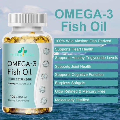 Triple Strength Wild Alaskan Fish Oil, Omega-3 2500mg, EPA 1,300mg + DHA 1,200mg, Supplement for Heart and Joint Health, 2 Month Supply, 120 Softgels