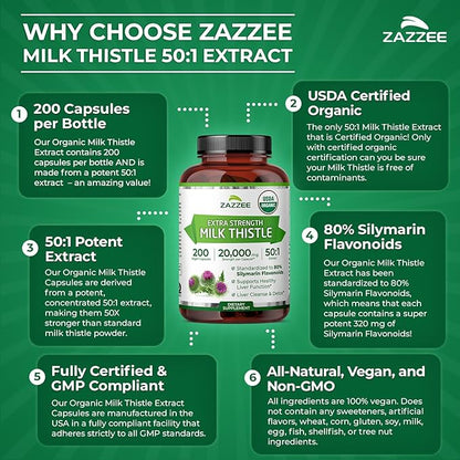 Zazzee USDA Organic Milk Thistle 50:1 Extract, 80% Silymarin Flavonoids, 200 Vegan Capsules, 6+ Month Supply, Silybum Marianum, Liver Support & Detox Support, Organic All-Natural, Non-GMO, Made in USA