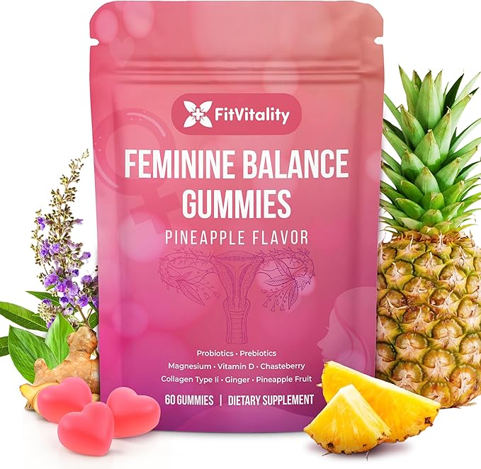 Premium 60 Feminine Balance Gummies – Probiotics, Collagen Type II, Chasteberry, Vitamin D & Magnesium – Gluten-Free, Natural Pineapple Flavor, Vegan