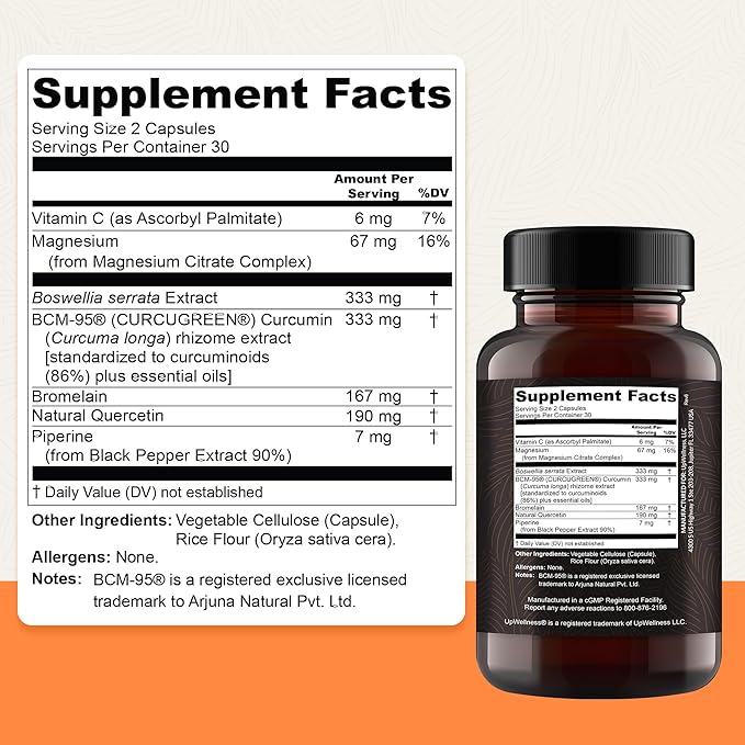 UpWellness Golden Revive + Joint Support Supplement Featuring Turmeric with Black Pepper, Quercetin, and Magnesium- Turmeric Boswellia Supplement - 6 Active Ingredients - 60 Capsules, 5 Pack