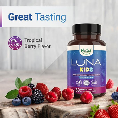 Nested Naturals Luna Kids Sugar-Free Sleep Aid Tablets for Children 4+ - Naturally Sourced Ingredients - Herbal Sleep Supplement with Chamomile, Melatonin, Valerian & Lemon Balm - 120 Chewable Tablets