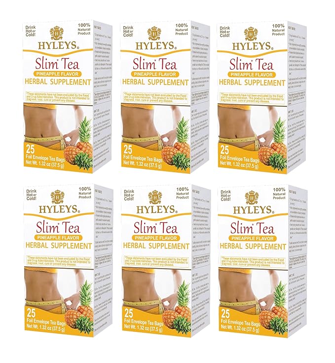 Hyleys Slim Tea Pineapple Flavor - Weight Loss Herbal Supplement Cleanse and Detox - 25 Tea Bags (6 Pack)