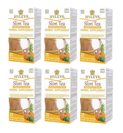 Hyleys Slim Tea Pineapple Flavor - Weight Loss Herbal Supplement Cleanse and Detox - 25 Tea Bags (6 Pack)