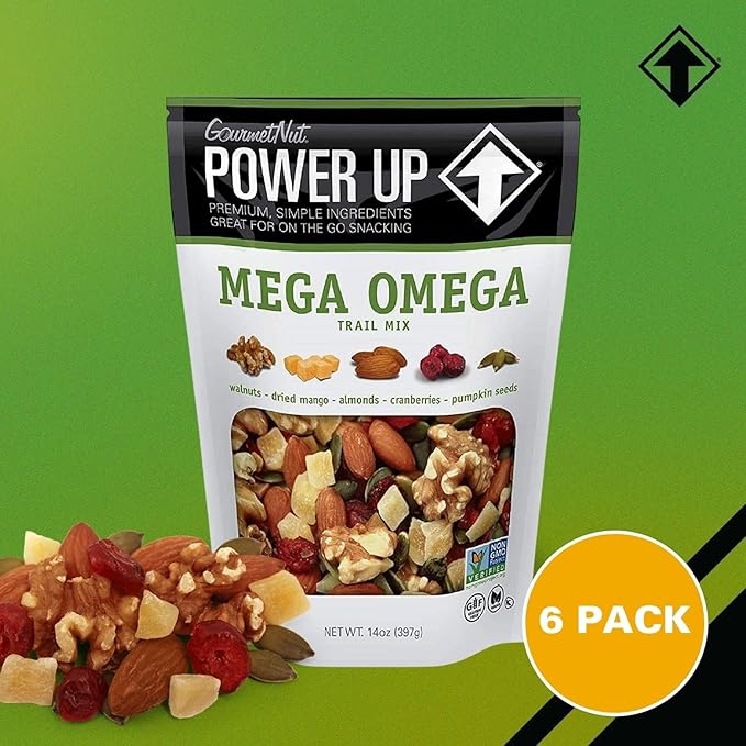 Power Up Mega Omega Trail Mix – Cranberries, Mango, Almonds, Walnuts & Pumpkin Seeds – Non-GMO, Vegan, Gluten-Free, No Artificial Ingredients, No Added Sodium – 14 oz Resealable Bags (Pack of 6)