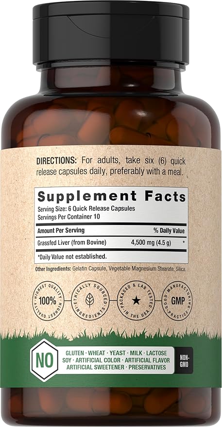 Horbäach Grass Fed Beef Liver | 4500mg | 60 Capsules | Desiccated, Pasture Raised, Grain Free, Non-GMO Supplement