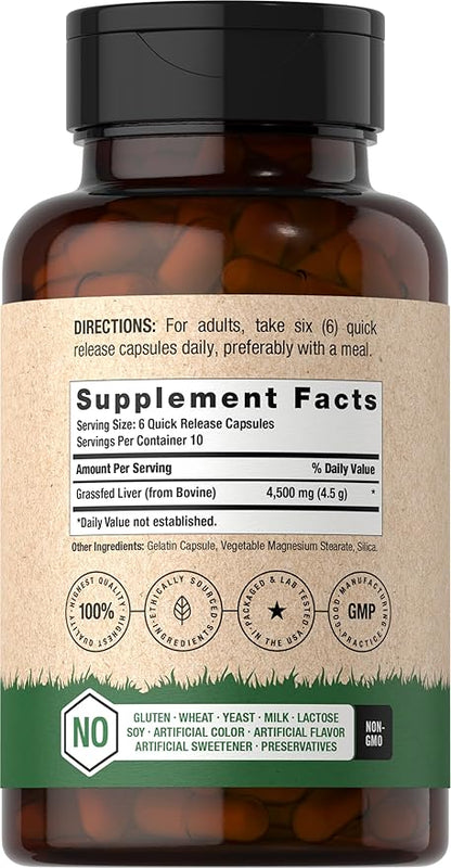 Horbäach Grass Fed Beef Liver | 4500mg | 60 Capsules | Desiccated, Pasture Raised, Grain Free, Non-GMO Supplement