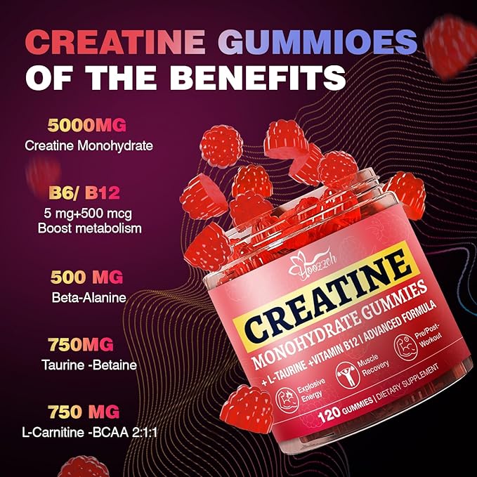 Creatine Gummies for Women & Men Low Sugar Creatine Supplements, Help Build Muscle Creatine Monohydrate Gummies Raspberry Flavor Supports Muscle Growth and Enhances Strength 120 Count