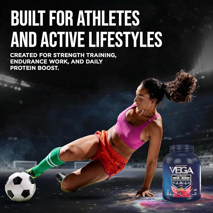 Vega Sport Vegan Protein Powder + Recovery - 30g Plant Based Protein per Serving, Berry, 45 Servings, 5g BCAAs, Probiotics, NSF Certified, for Shakes & Smoothies, 4.2lbs (Packaging May Vary)