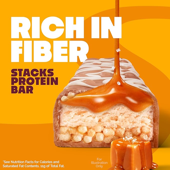 Quest Nutrition Stacks Protein Bars, Salted Caramel Flavor, 20g Protein, 2g Net Carbs, 1g Sugar, High Fiber, Low Sugar, Gluten Free, 4 Count