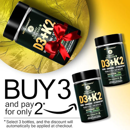 KEY ELEMENTS D3 K2 Vitamin 10,000 IU with Magnesium Glycinate 350mg, Zinc and Moringa - Bone & Immune Support - Vitamin D with K2 MK-7 200mcg - Non-GMO, Gluten-Free Softgels