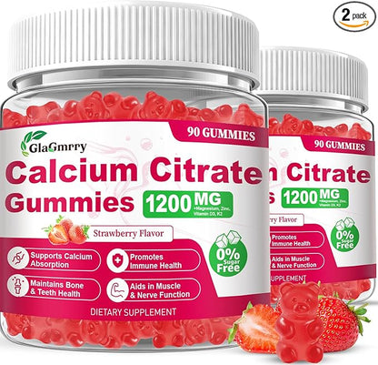 180 Count Calcium Citrate Gummies - Calcium Gummies with Magnesium & 4 Essential Vitamins Support Bone, Muscle, Teeth, Immunity, Calcium Supplements for Women & Men, Strawberry Flavor