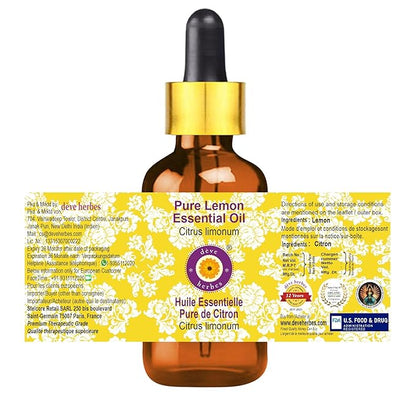 Deve Herbes Pure Lemon Essential Oil (Citrus limonum) with Glass Dropper Steam Distilled 10ml (0.33 oz)