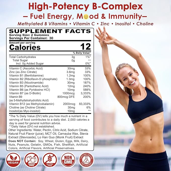 2Pack Vitamin B Complex Gummies, Vegan Vitamin B Gummies with 2000 mcg Methyl B12, Methyl Folate | Plus Choline + Inositol, Vitamin C + Zinc for Supports Energy, Mood, Immune, Healthy Hair, Skin