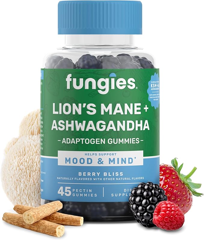 Fungies Lion's Mane KSM-66 Ashwagandha Gummies, Berry Flavor - Mushroom Supplement Adaptogen Gummy Supports Brain Health, Cognitive Function, Focus, Memory & Mood - Mind-Body Wellness, 45 Servings