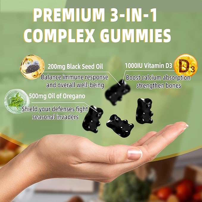 Oregano Oil Gummies, 3-in-1 Oil of Oregano with Black Seed Oil Gummies, Organic Oregano Chewable Supplements with Vitamin D3-60 Counts