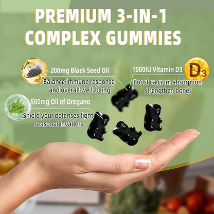 Oregano Oil Gummies, 3-in-1 Oil of Oregano with Black Seed Oil Gummies, Organic Oregano Chewable Supplements with Vitamin D3-60 Counts