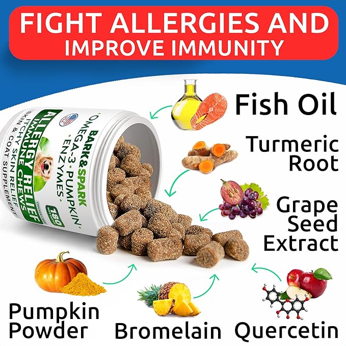 BARK&SPARK Dog Allergy Relief Soft Chews for Skin Health & Seasonal Allergies - Anti-Itch Supplement w/Omega-3, Quercetin & Bromelain Immune Treats for Dry Skin & Hot Spots - Chicken Liver - 240ct