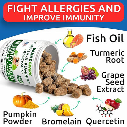 BARK&SPARK Dog Allergy Relief Soft Chews for Skin Health & Seasonal Allergies - Anti-Itch Supplement w/Omega-3, Quercetin & Bromelain Immune Treats for Dry Skin & Hot Spots - Chicken Liver - 240ct