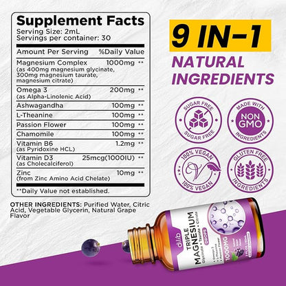 Liquid Magnesium Glycinate Supplement 1000mg, Calm Magnesium Citrate, Taurate Drops with Omega 3, Zinc, Ashwagandha, L-Theanine, Chamomile for Sleep, Mood, Stress Relief, Bone, Muscle, Grape Flavor