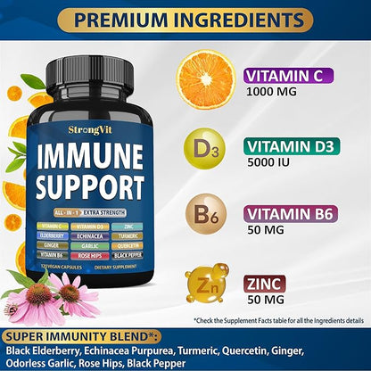 Immune Support Supplement 12 in 1 Complex with Vitamin C, D3, Zinc, Echinacea, Elderberry, Ginger, Turmeric. Immune Defend for Men & Women, Non-GMO, Gluten-Free, Vegan, USA (120 Capsules)
