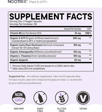 Nootrix Organic Plant 5 HTP+ Supplement | Supports Memory, Mental Focus, Cognitive Health & Energy | Promotes Healthy Mood & Brain Function | Vitamin B6 & L Theanine | 120 Capsules