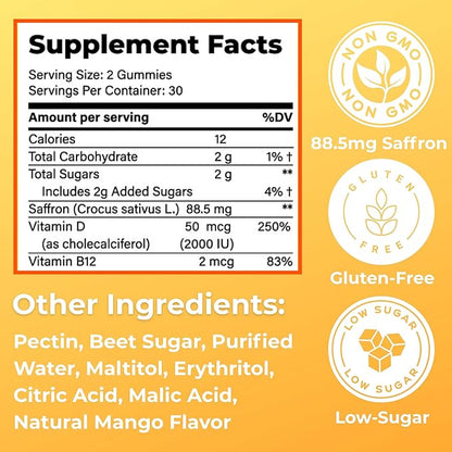 Loom Saffron Gummies with Vitamin D3 & B12 – Natural Mood & Energy Support for Emotional Balance and Stress Relief – Tropical Mango, 60 Count (60 Count, Mango)