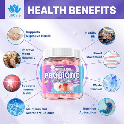 Probiotic Gummies 60 Billion CFU for Women Men & Kids, 11 Strains Probiotics + Organic Prebiotics Fiber for Immune, Digestive Health, Supports Constipation, Diarrhea, Gas & Bloating - Sugar Free, 60ct