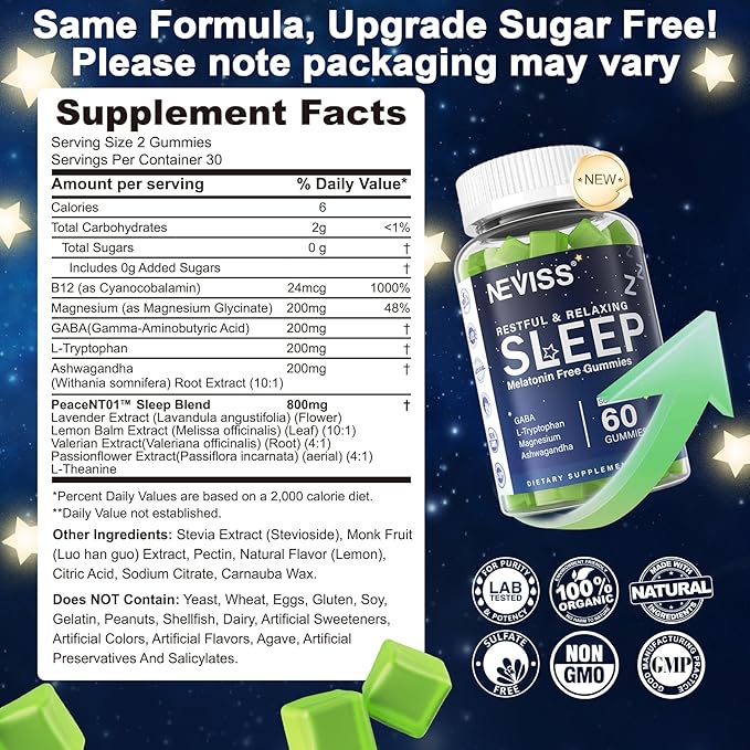 NEVISS Melatonin Free Sleep Aid Gummies for Adults - Magnesium Glycinate Gummies | GABA, L-Tryptophan, Magnesium, Ashwagandha - Non-Habit Forming, Help for Deep Relaxation - Vegan, Lemon Flavor, 2Pack