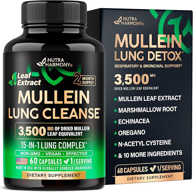 Mullein Lung Detox - Mullein Leaf Extract - Marshmallow Root | Echinacea | Oregano | Quercetin | NAC - 15-in-1 Lung Support & Cleanse for Smokers Supplement - Made in USA - As Drops - 60 Capsules