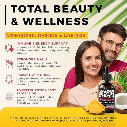 Liquid Biotin and Collagen Peptide Complex with Keratin, Hyaluronic Acid, MCT Oil, Zinc, Vitamins B6, B7, B12, A, C, D3, E - Hair, Skin, and Stronger Nails Supplement for Women and Men