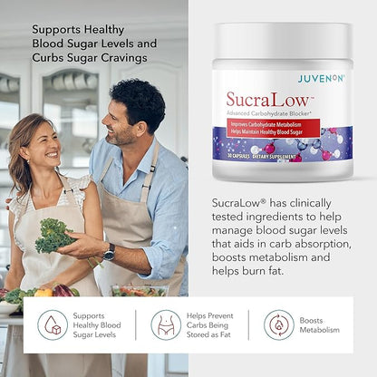 Juvenon SucraLow Advanced Carb Blocker – Supports Blood Sugar, Reduces Carb & Starch Absorption, Aids Metabolism & Limits Fat Storage – Mealtime Supplement for High-Carb Meals (30 Capsules)