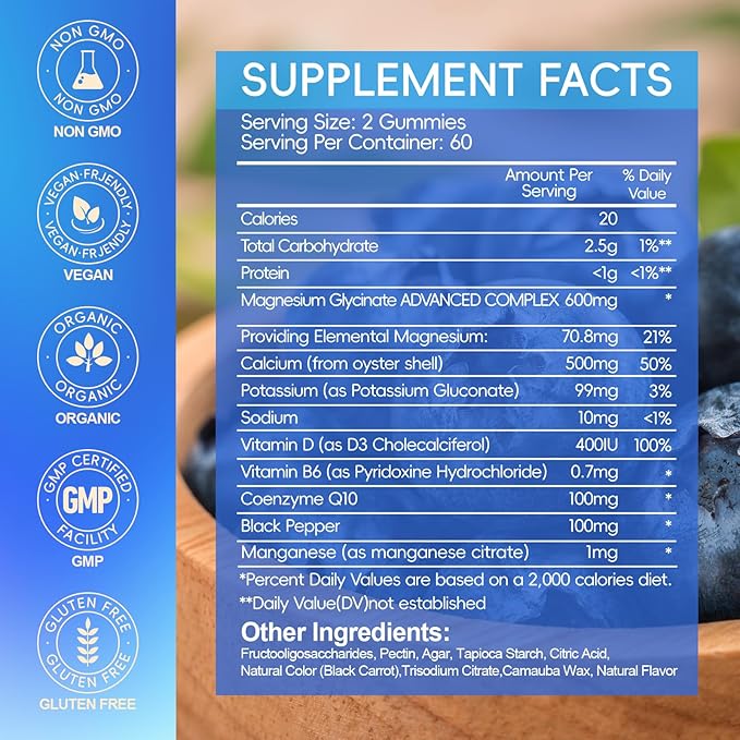 Magnesium Glycinate Gummies 600mg, Chewable Sugar Free Potassium Magnesium Gummies with Manganese Glycinate, Vitamin D, B6, and CoQ10 for Calm Support & Sleep for Adults, 60 Days Supply
