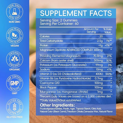 Magnesium Glycinate Gummies 600mg, Chewable Sugar Free Potassium Magnesium Gummies with Manganese Glycinate, Vitamin D, B6, and CoQ10 for Calm Support & Sleep for Adults, 60 Days Supply