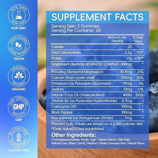Magnesium Glycinate Gummies 600mg, Chewable Sugar Free Potassium Magnesium Gummies with Manganese Glycinate, Vitamin D, B6, and CoQ10 for Calm Support & Sleep for Adults, 60 Days Supply