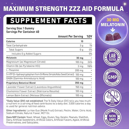 Melatonin 30mg Gummies for Adults - Sugar Free Melatonin Gummies Maximum Strength with Magnesium, B6, GABA & Botanical Blend - Non-Habit Forming,Vegan, Non GMO, Natural Mixed Berry Flavor