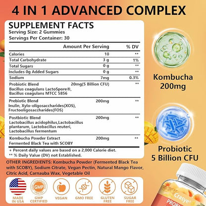 Probiotic Kombucha Gummies Sugar Free Prebiotic Postbiotic Probiotics Gummy for Women and Men Bloating Gut Health Immune and Digestive Support - 60 Gummies - 30 Servings